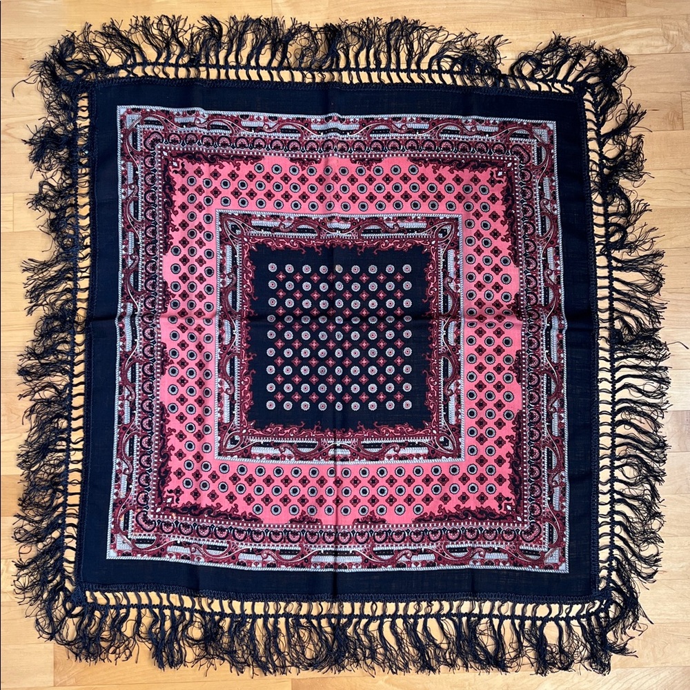Vintage Handdruck Hand-Printed Wool Scarf - Navy/Pink Medallion Fringe Shawl